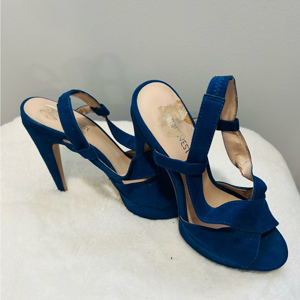 Nine West heels, shoes, size 7, blue, heel 5”, Worn once, good condition.